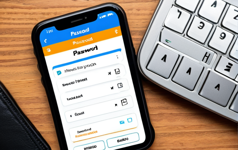 **Password Manager Interface:** A clean, user-friendly interface of a password manager on a smartphone, displaying a list of strong, unique passwords. The app icon should be modern and secure-looking.